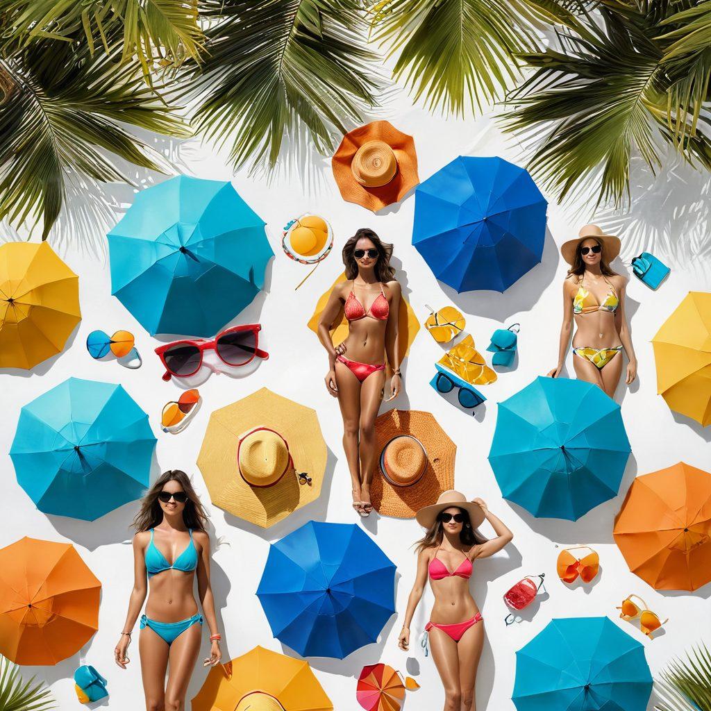 A vibrant beach scene showcasing diverse individuals in stylish bikinis, with accessories like wide-brimmed hats and sunglasses, highlighting summer fashion trends. Include elements of safety, such as sunblock and beach umbrellas. The background should feature crystal-clear blue waters and lush palm trees. Illustrate a bright sunny day, creating a lively and cheerful atmosphere. super-realistic. vibrant colors. white background.